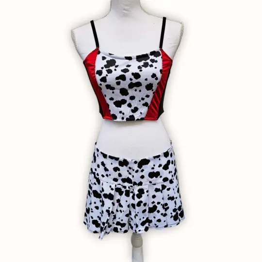 Evil Villain Costume Set with Striped Crop Top & Spotted Pleated Mini Skirt