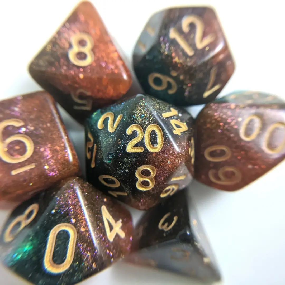 Carina Nebula Dice Set – 7-Piece Orange Emerald Green Marbled Micro Shimmer DnD