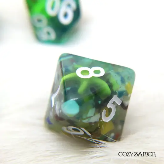 Puget Sound Starfish Dice Set. Green Starfish on Colored Pebbles 7 piece DnD Dice Set