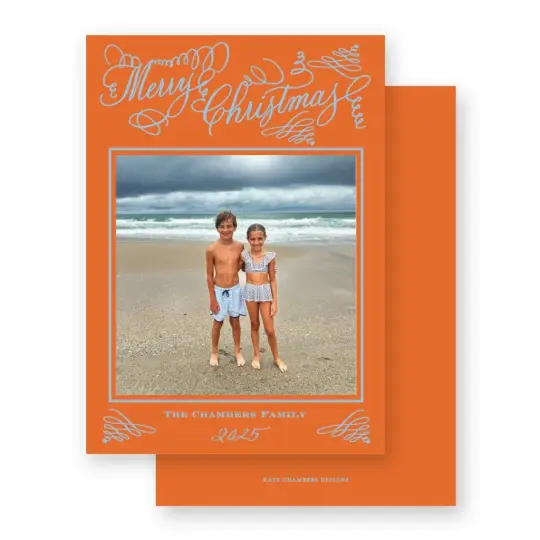 Orange and Light Blue "Merry Christmas" Flourish Holiday Card