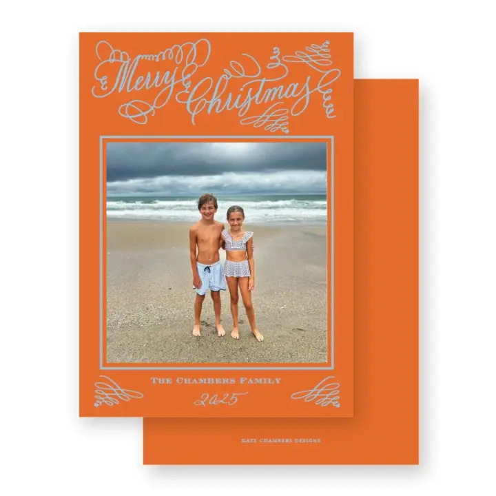 Orange and Light Blue "Merry Christmas" Flourish Holiday Card