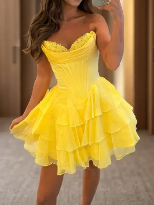 Frilled Chiffon Vibrant Women's Homecoming Dress Yellow Corset Short Prom Dress Summer Dress RS2469