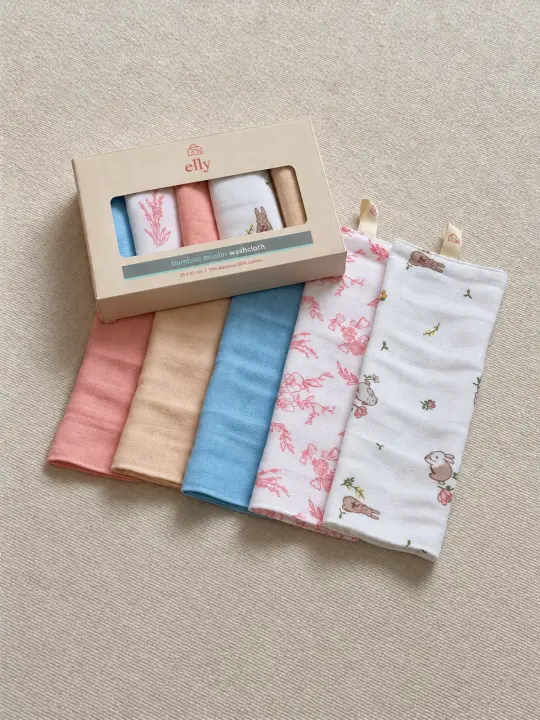 Bamboo Muslin Washcloth Set of 5 - Floral Bunny