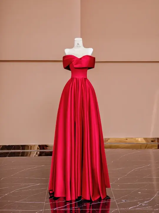 Red off-the-shoulder fitted long ball gown, bridal dress R8426