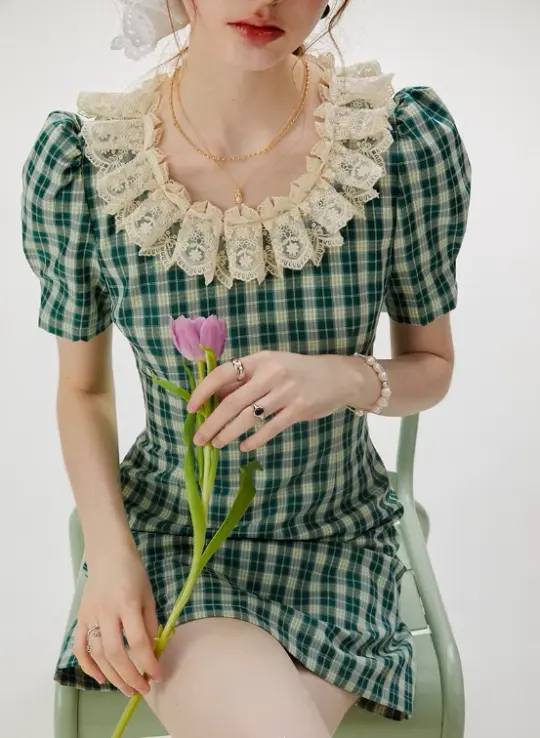 French skirt green plaid dress summer retro short skirt petite short skirt female summer R3457