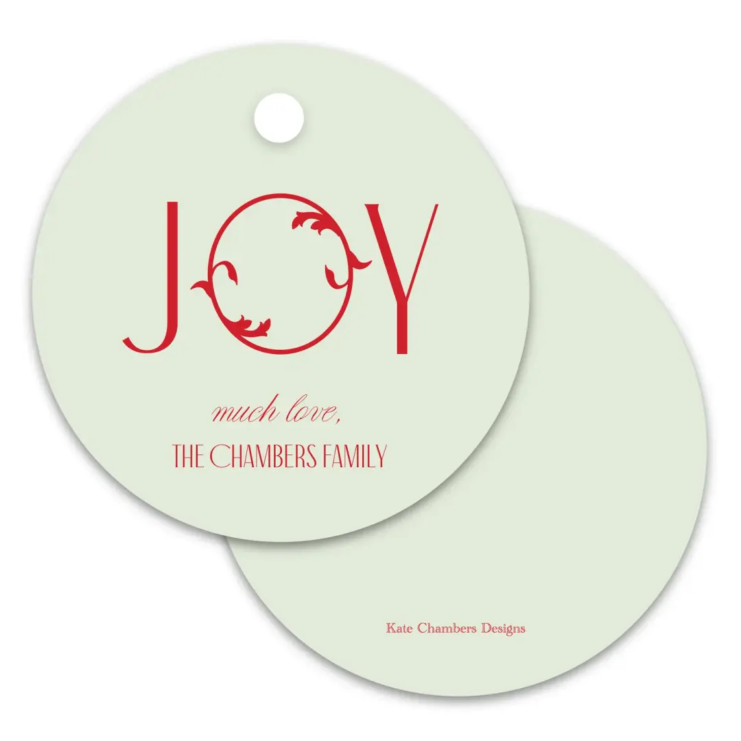 Mint and Red "Joy" Round Holiday Gift Tag