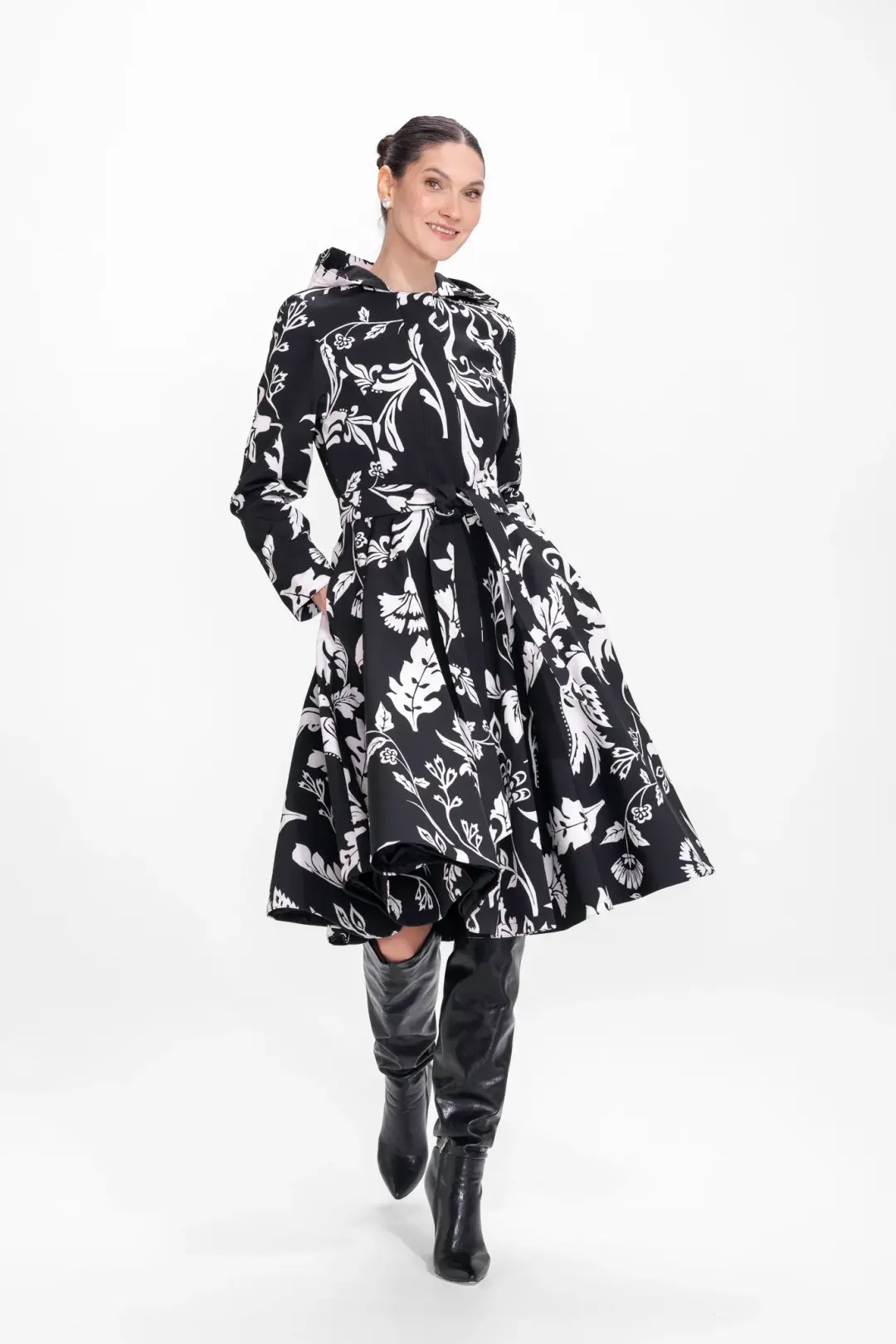 Fit and Flare Coat with Full Circle Skirt in Black and White | Blooming Night