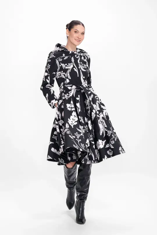 Fit and Flare Coat with Full Circle Skirt in Black and White | Blooming Night