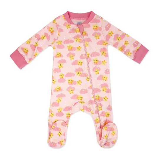 Baby Mode Baby Girls Pink Clouds and Let's Hug Zippered Footed Sleeper, 3-6M