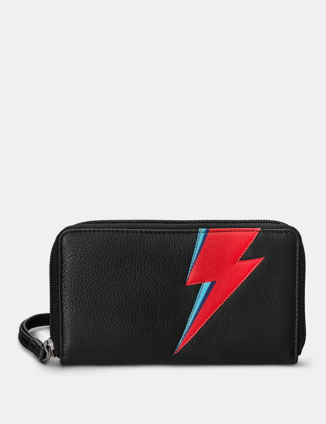 Lightning Bolt Black Zip Round Leather Purse With Wrist Strap
