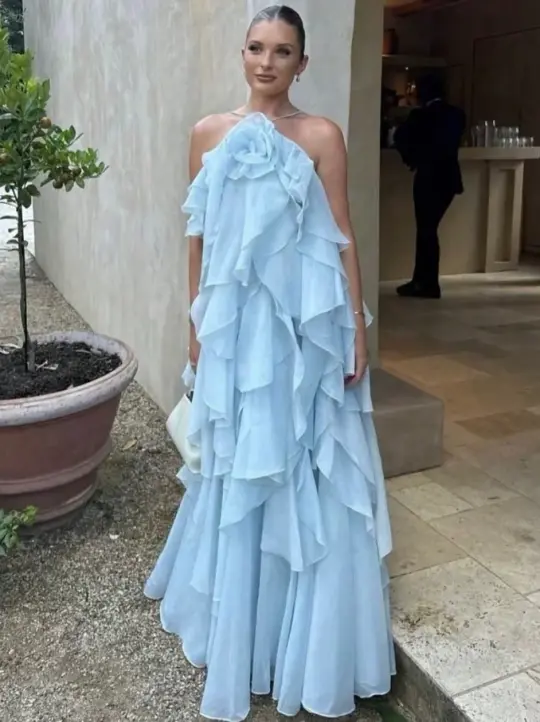 Casual Blue Ruffled Halter Tulle Maxi Summer Dress Resort Dress RS594