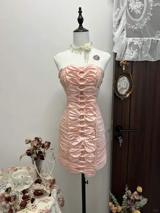 Pink tube top bow waist hip sexy short skirt homecoming dress R4269