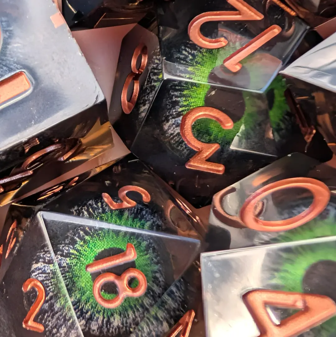 Moving Eye Liquid Core DnD Dice Set - Black & Green - The Hollow Gaze