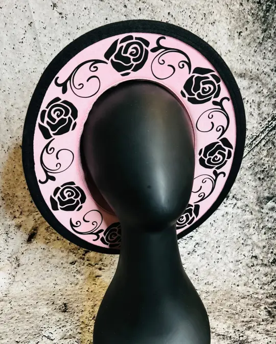 Pastel Pink Black Rose Crown Vegan Felt Wide Brim Hat