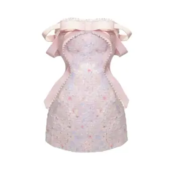 Chanel-inspired Pink Sheath Strapless Mini Women Dress with Ribbon Trim Birthday Dress Party Dress RS065