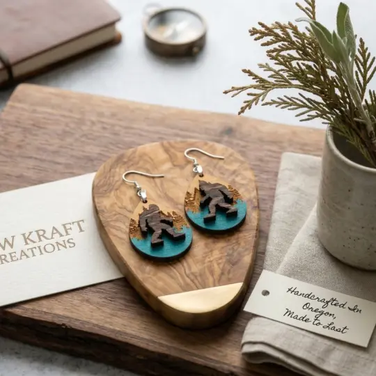 Bigfoot Wooden Dangle Earrings – Sasquatch Multilayer Forest Design, Lightweight & Hypoallergenic Jewelry