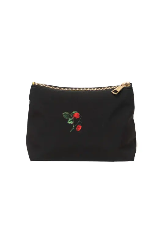 Black and Red Makeup Bag with Strawberry Print | Wild Strawberry