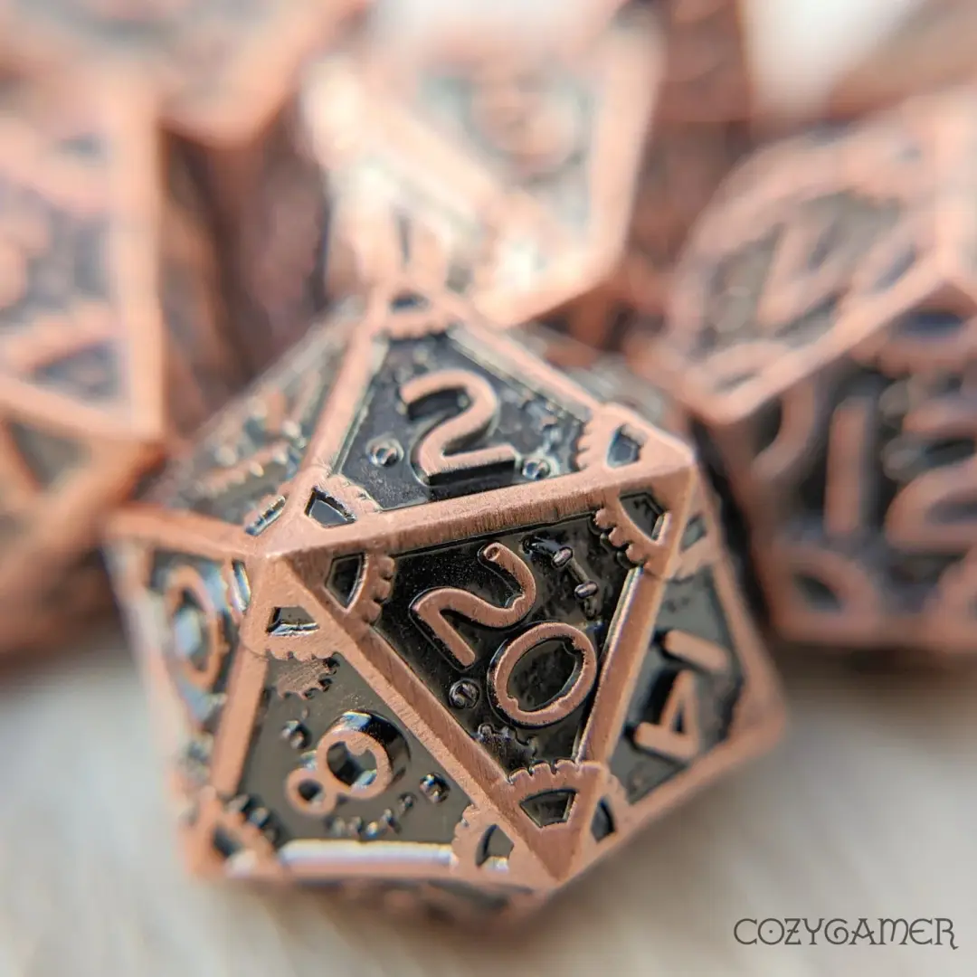 Copper Metal Gear Dice Set – 7-Piece Steampunk DnD Dice