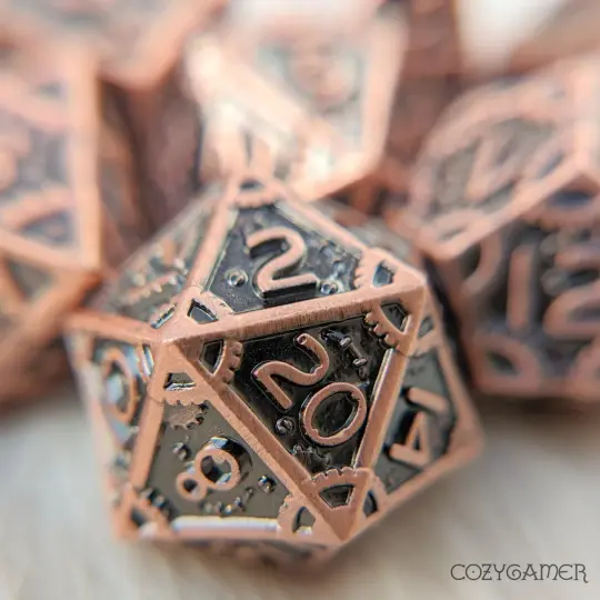 Copper Metal Gear Dice Set – 7-Piece Steampunk DnD Dice