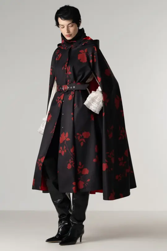 Black Cape Coat with Red Floral Print | Scarlet Veil