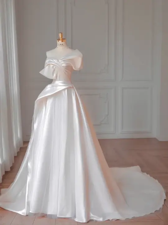 White one-shoulder slim waist sexy elegant satin long dress bridal gown R5883