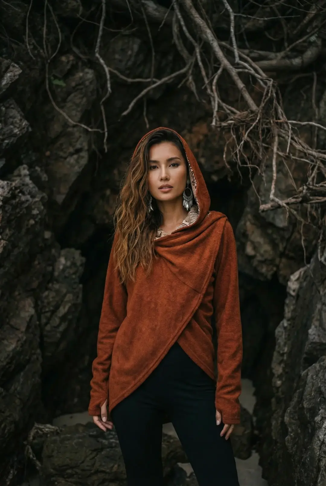 Nyx Hooded Sweater Cardigan Brick Mandala