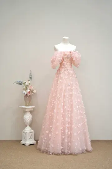 Light pink off-the-shoulder fitted long ball gown, bridal dress R8901