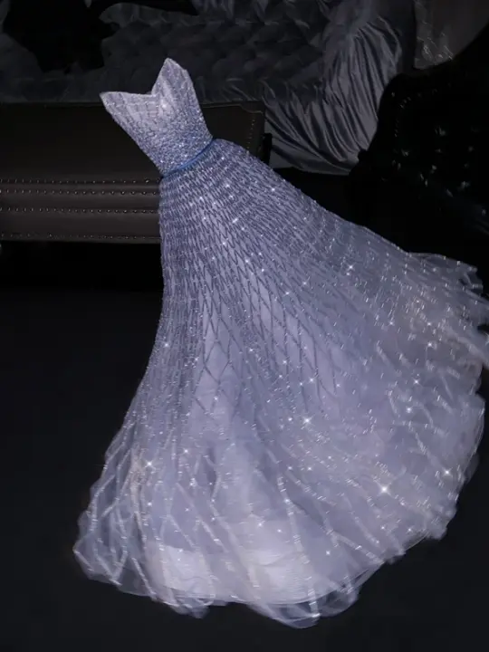 Light gray-blue halter-neck fitted long ball gown, bridal dress R8788