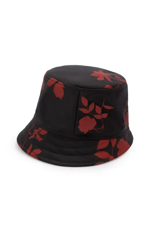 Elegant Black Bucket Hat with Red Floral Print