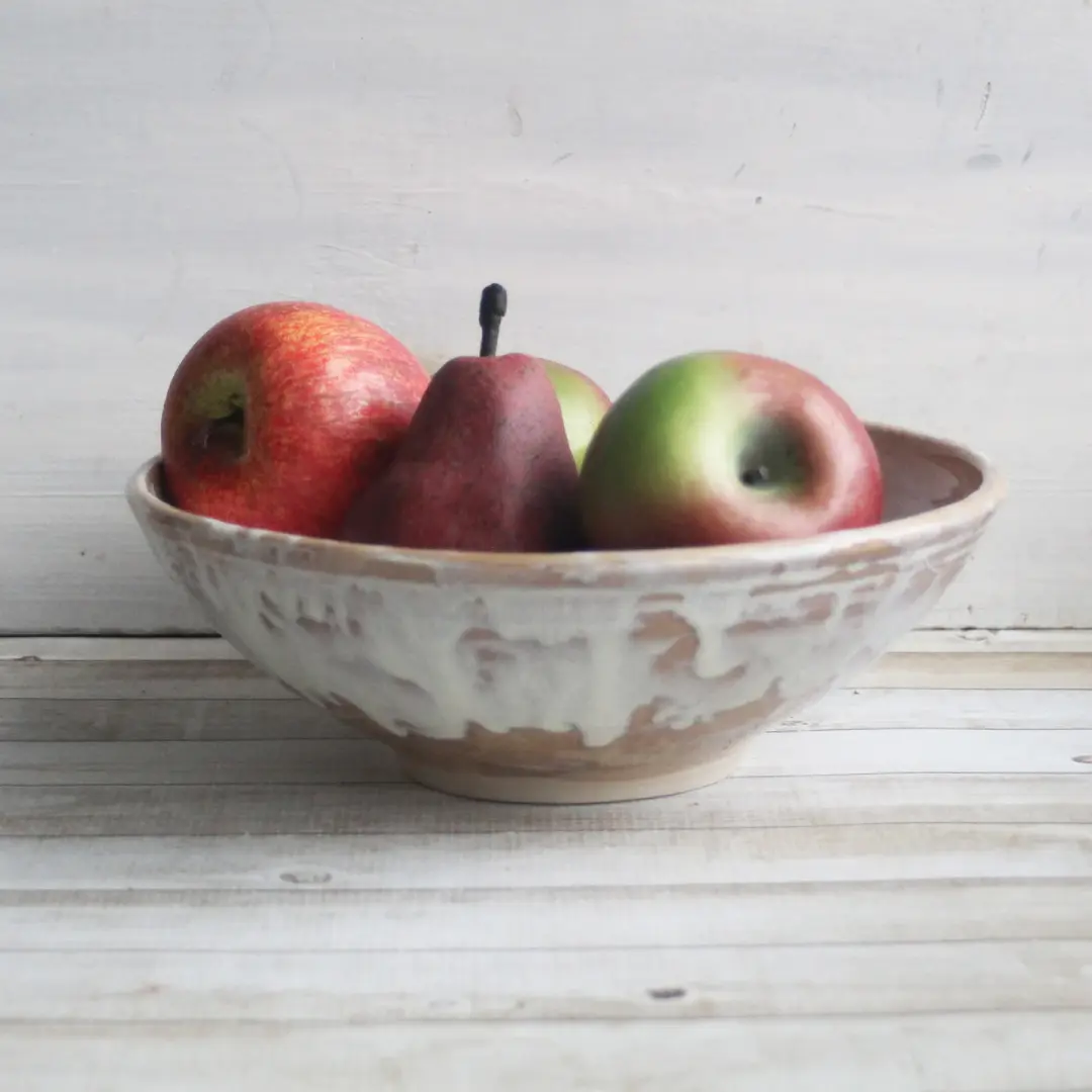 Custom Order for Kathleen, Shallow Rustic Serving Bowl with White and Ocher Dripping Glazes