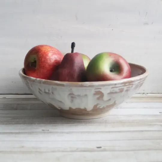 Custom Order for Kathleen, Shallow Rustic Serving Bowl with White and Ocher Dripping Glazes