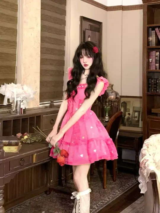 Rose red embroidered tie-dye dress R9087