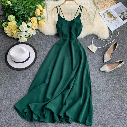 Holiday long dress cross strap backless solid color seaside medium-length swing fairy dress R2311