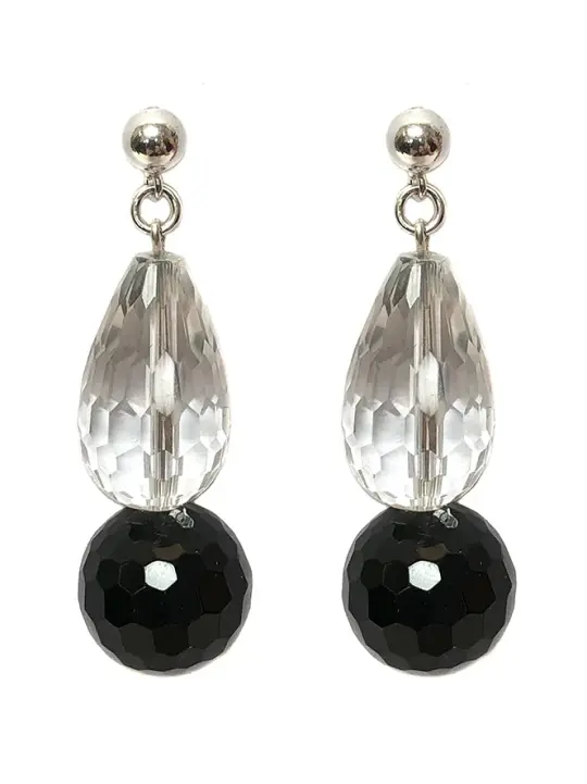 "DECADENCE" Black Onyx & Clear Crystal Facet Cut Drop Sterling Silver Earrings