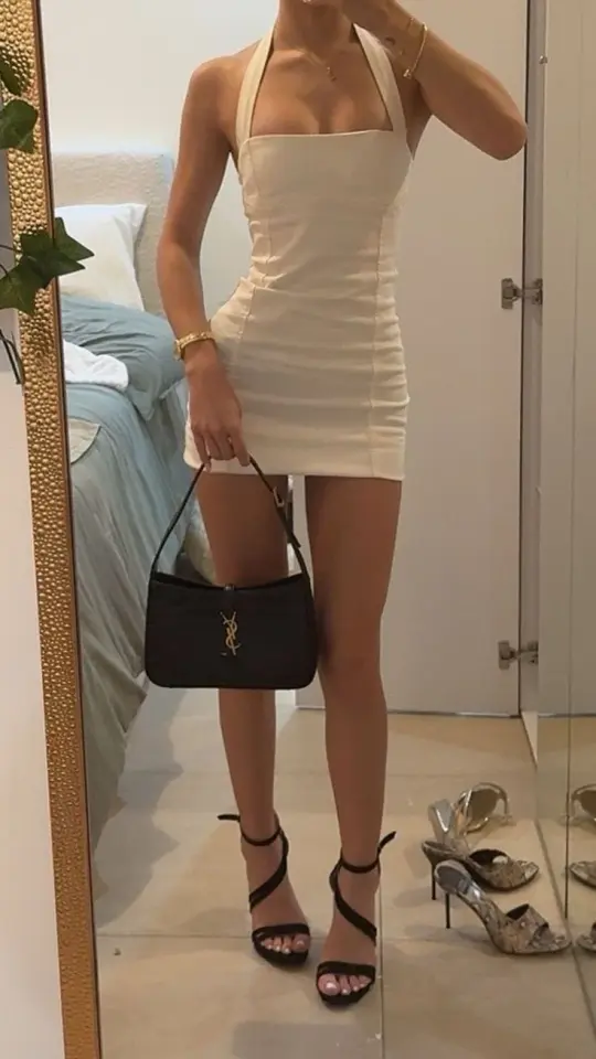 White halter neck suspenders waist hip skirt homecoming dress R3213