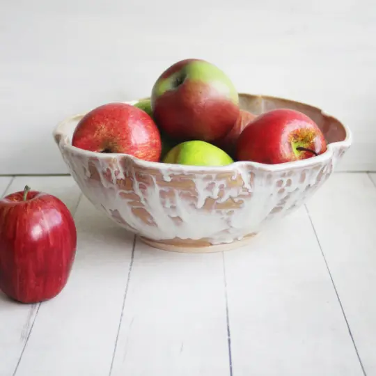 Wheel Thrown Rustic Serving Bowl in White and Ocher Glazes, Made in USA