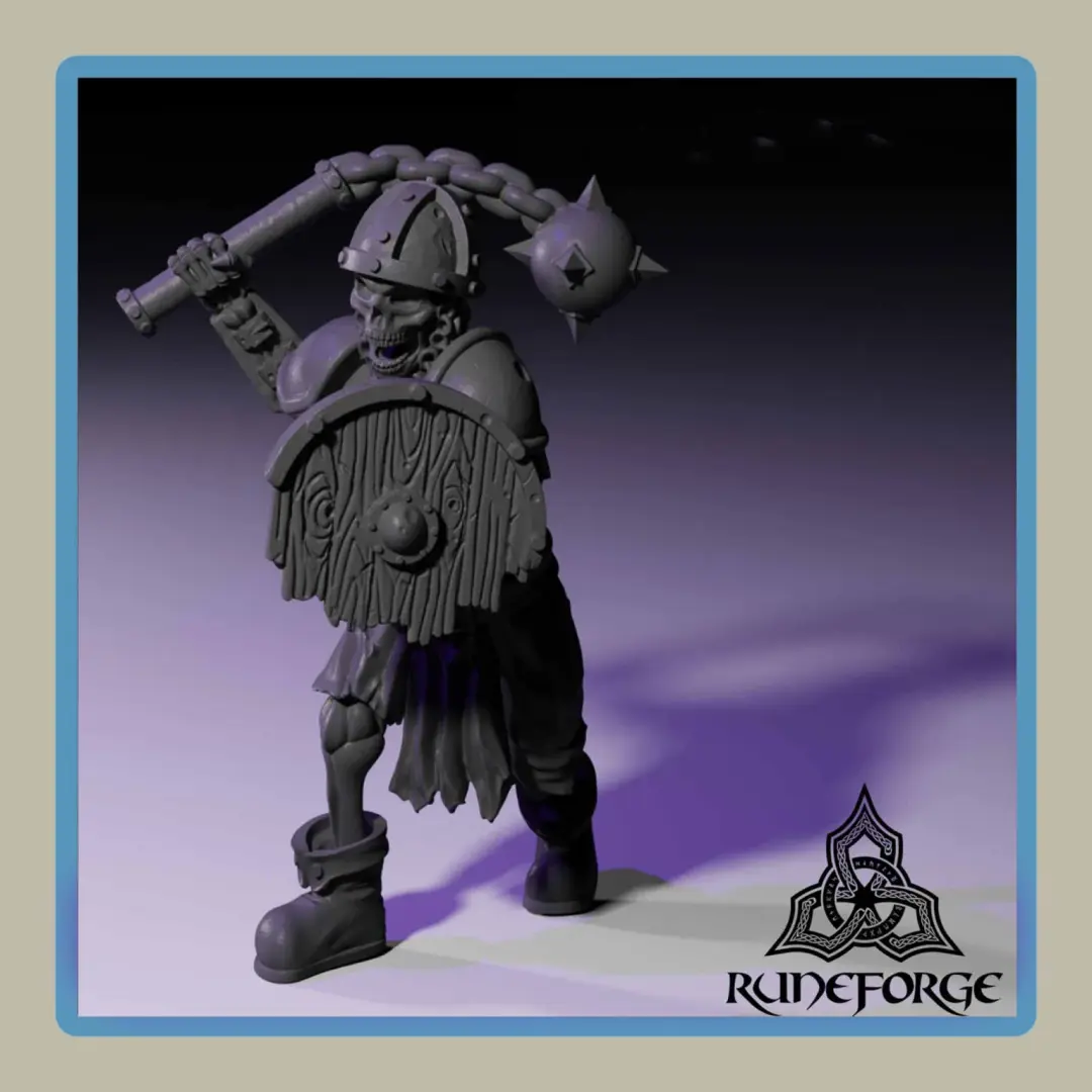 render of 28mm miniature undead armored skeleton with flail and shield