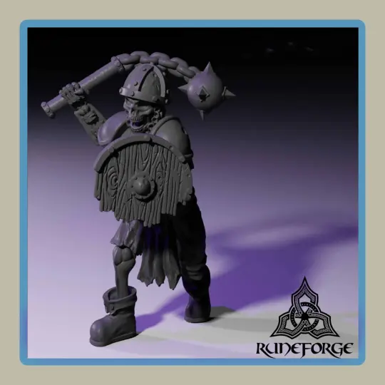 render of 28mm miniature undead armored skeleton with flail and shield