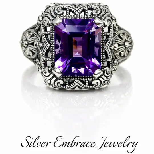 Natural Amethyst Ring, Size 5, Rectangle Gem, Vintage Jewelry #D200z - Ready to Ship