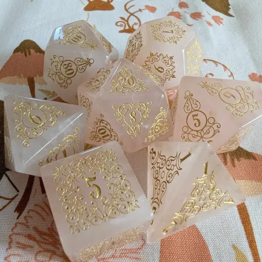 Garden Gate Rose Quartz Gemstone Dice Set – Engraved Pink Stone Dice with Gold Font | Fennek & Finch