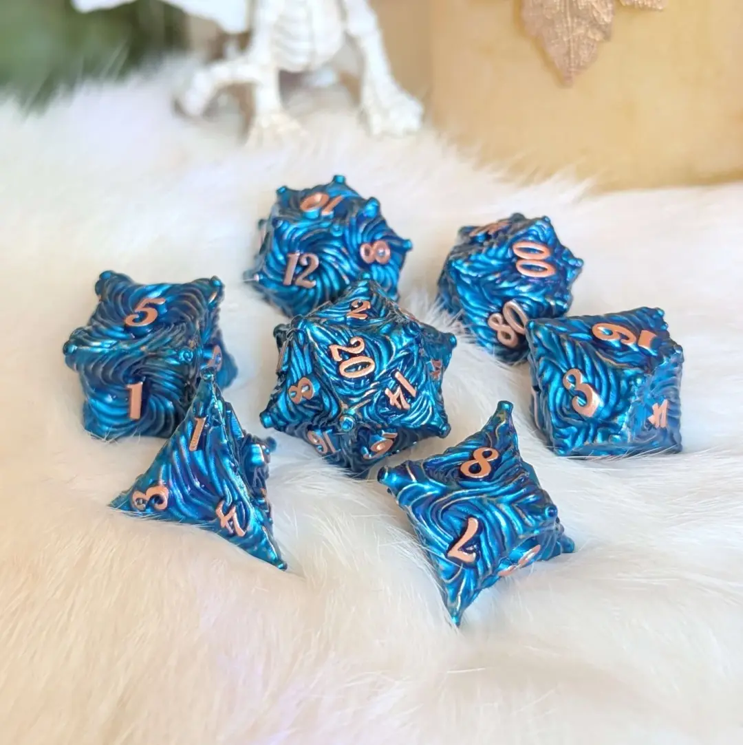 Enchanted Bark Metal Dice Set Blue – 7-Piece Tree Zinc Alloy DnD Dice