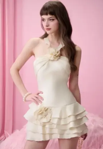 Apricot halter neck slim waist slim fit cake skirt homecoming dress R4398