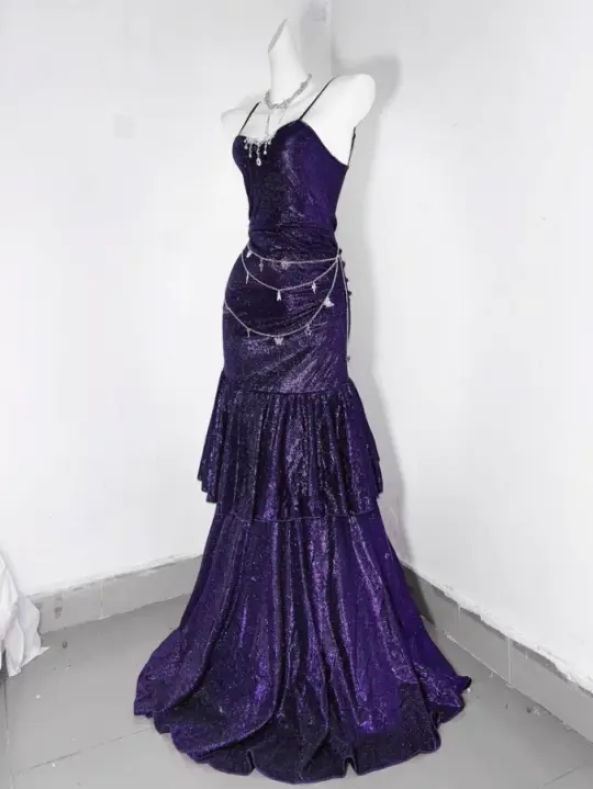 Sparkly Deep Purple Prom Gown , Silky Tulle Sequins Corset Maxi Evening Dress RS1581