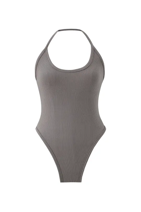 Tencel Rib Thong Halter Bodysuit Gray