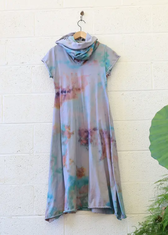 OOAK -  Chunky Cowl Babydoll Below Knee Dress / S / Organic Cotton / Ice Dye (143)