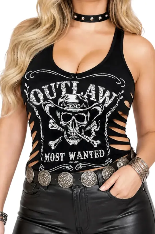 Outlaw Skull Cowboy Graphic Biker Slashed Cropped Tank Top