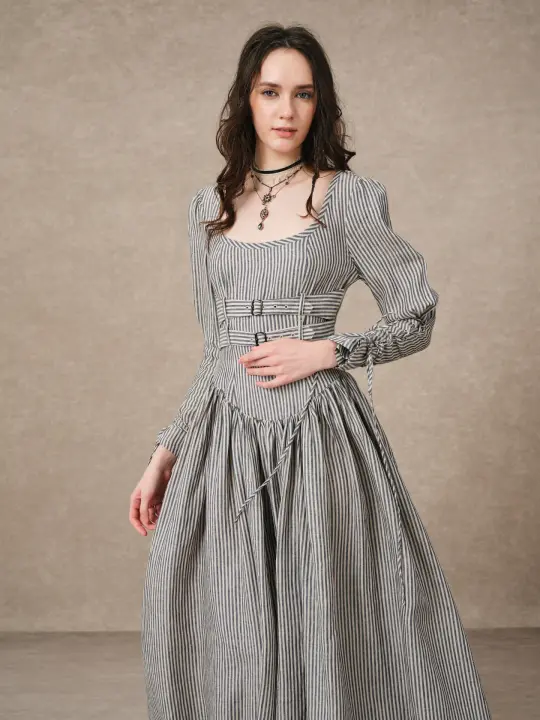 Clara 08 | Buckled Corset Striped Linen Dress