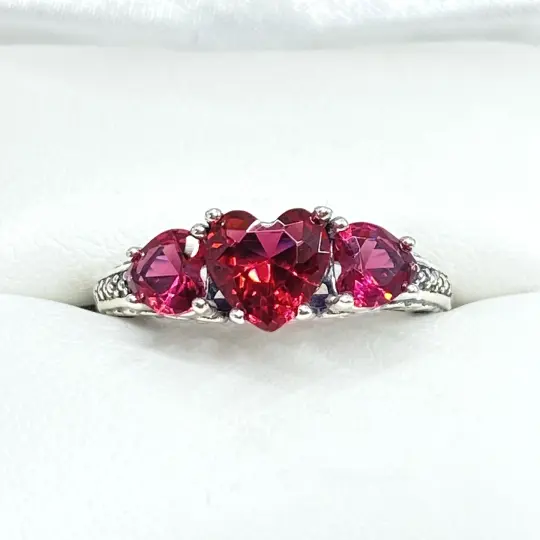 Red Ruby Ring, Size 9, Triple Heart Gemstones, Vintage Jewelry Design#D143 - Ready to Ship