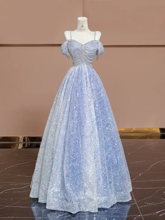Light blue halter-neck off-the-shoulder fitted long ball gown, bridal dress R8363