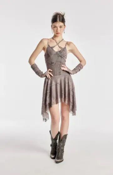 Khaki Halter Mesh Dress Women With Asymmetrical Hem And Matching Arm Sleeves R9388